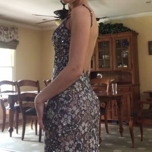 Jovani Grey and silver sparkly lace prom dress